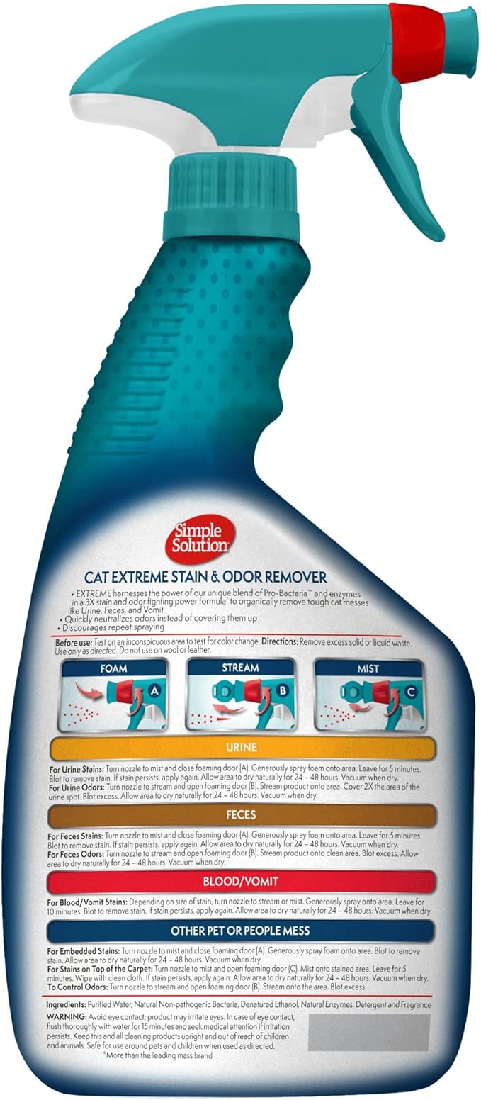 Simple Solution Extreme Cat Stain Eliminator for Strong Odor, Pet Odor Eliminator for Home, Stain Remover for Cats, Kitten Essentials, Floor Cleaner, Urine Destroyer, Carpet Cleaner Spray, 32oz