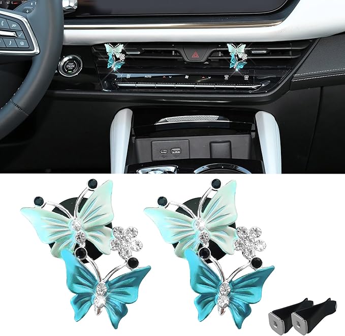 2PCS Car Air Fresheners Vent Clips, Butterfly Car Accessories, Sparkly Bling Dual Butterfly Auto Air Vent Clips, Automotive Cute Air Conditioning Outlet Decoration Universal for Women Girl