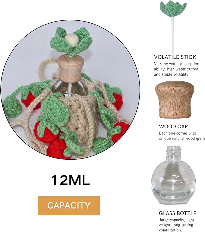 Handmade Crochet Hanging Car Air Freshener - Sweet Cherry Charm with 12ml Refillable Glass Essential Oil Bottle, Cute Car Accessories for Women & Bedroom Floral Decor