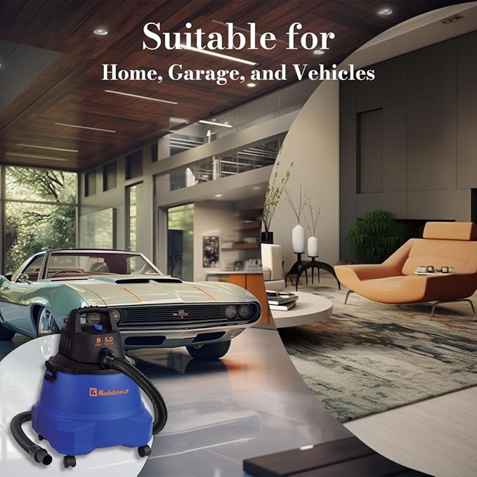 Koblenz Wet Dry Vacuum Cleaner, 9.0 Gallon Tank, 5.0 HP Powerful Vacuum for Dry and Wet Messes, Vacuum Cleaner and Blower, Accessories Included, Black+Blue (WD-9 L212)