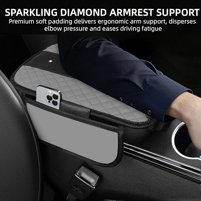 NBTEPEM Bling Crown Car Center Console Armrest Cover, Leather Middle Console Cover Cushion with 2 Storage Bags, Car Armrest Storage Box Interior Accessories for Most Vehicles(Gray)