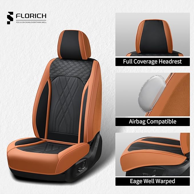 FLORICH Front Seat Covers Leather Seat Covers for Cars Automotive Seat Cover Breathable Waterproof Full Wrapping Edge Car Seat Protector Cover Universal Fit for Most Car Truck SUV, Brown&Black
