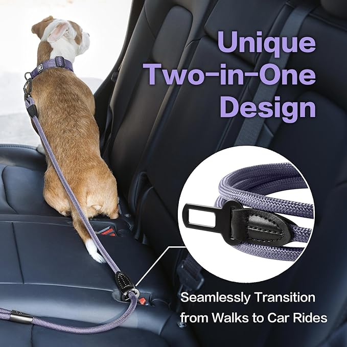 PawsPassion Rope Dog Leash 4 FT, 2-in-1 Heavy Duty Dog Leash with Seat Belt Buckle, Tangle Free 360ｰ Swivel Aviation Aluminum Carabiner, All Metal Hardware, Alloy O-Ring (Lilac Breeze)
