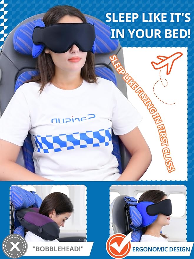 3 in 1 Airplane Travel Essentials Kit, Travel Pillow with Head Support, 3D Eye Mask for Sleeping, No Collapse Foot Hammock for Airplane, Portable Long Flights/Car Road Trip Essentials Sets