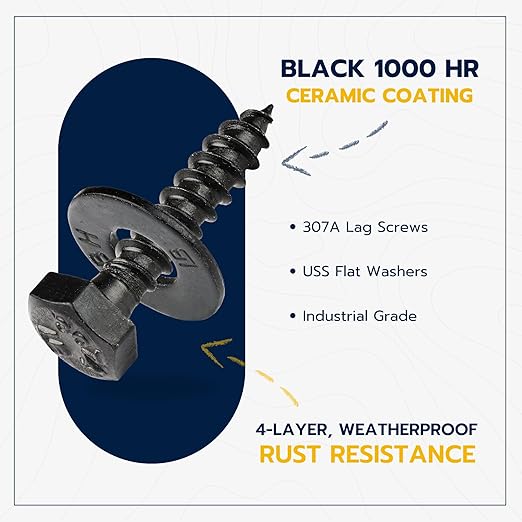 1/4 x 1 (100 Pack) Lag Screw Kit, 100 Screws and 100 Washers, Ceramic Black Ruspert Coating for Exterior Use, Meets ASTM A307 and ASME B18.2.1, Industrial/Commerical Grade by Makers Bolt