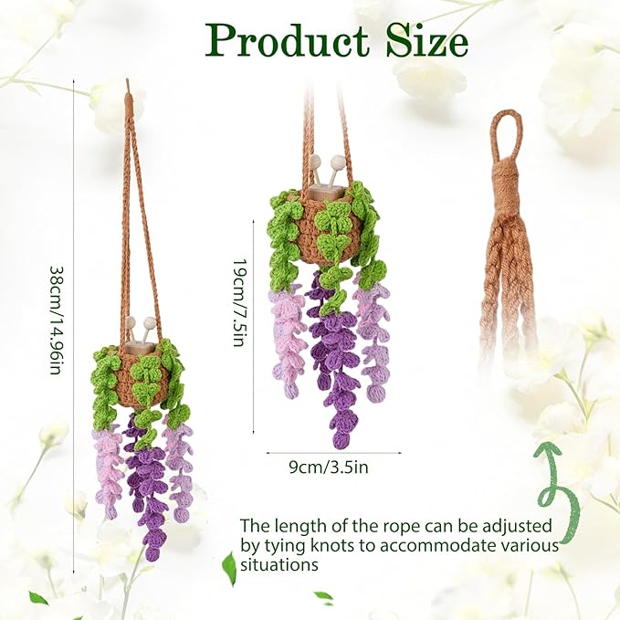 Crochet Car Air Freshener, 8ml Empty Refillable Oil Diffuser Bottle with Hanging Crochet Purple Wisteria Plant & Hanging Tools, Car Rearview Mirror Diffuser for Wall Art & Home & Office Decoration