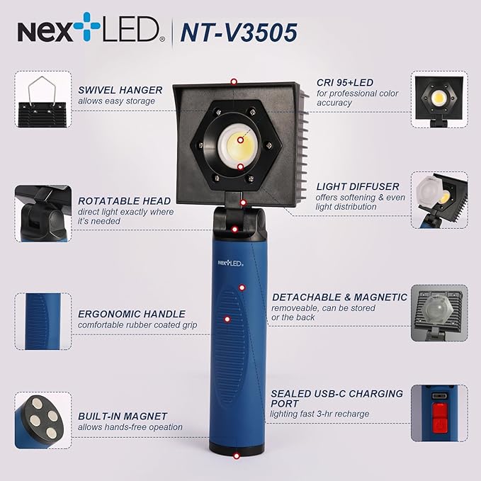 NextLED NT-V3505 Rechargeable Ceramic Coating Light, 1000 LM, CRI 95+, w/Detachable Light Diffuser, for Auto Detailing, Optimal Ceramic Car Coating, Paint correction Kit, Color Matching Tool