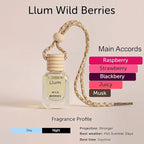 Llum Wild Berries Hanging Car Air Freshener – Luxury Automotive Perfume Diffuser 10ml (0.34 fl oz), Long-Lasting Fragrance, Alcohol-Free Non-Toxic Car Scent, Glass Bottle With Wood Cap