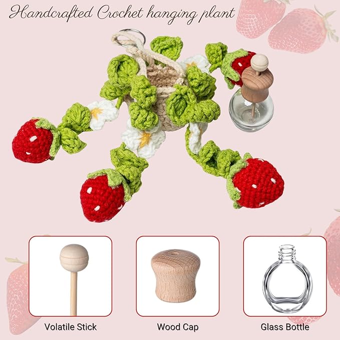 Crochet Car Air Freshener, 15ml Empty Refillable Oil Diffuser Bottle With Crochet Strawberry Hanging Plant for Car Accessories, Crochet Plant for Rear View Mirror Decor, Home and Office Decor