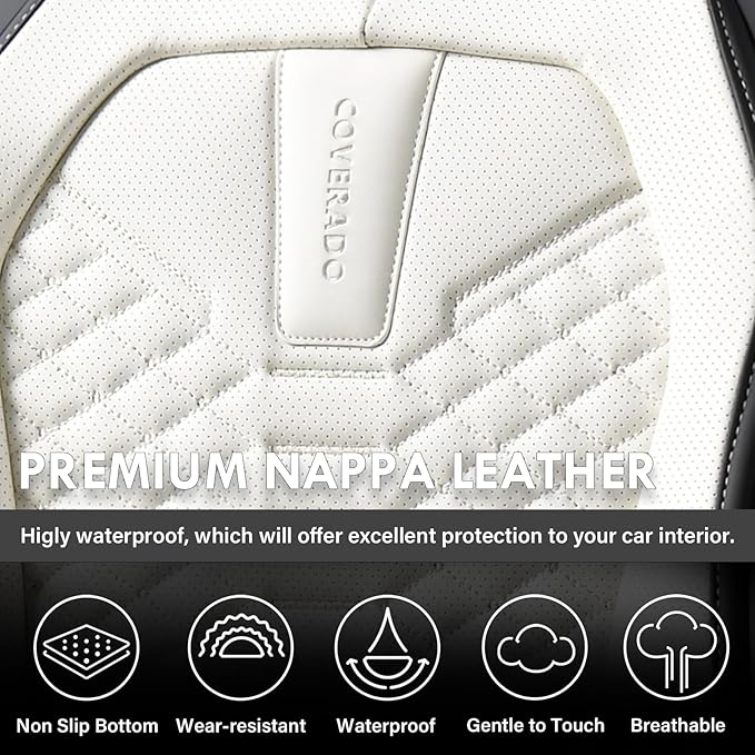 Coverado Car Seat Covers, Front Seat Cover, Waterproof Nappa Leather Seat Covers for Cars, 2 Pack Driver Car Seat Protectors, Automotive Seat Covers Universal Fit for Most Cars, Black&White