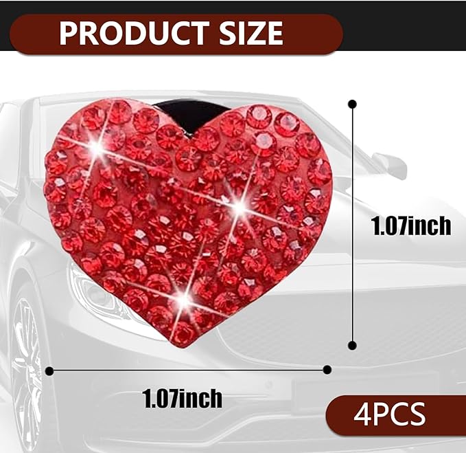 MLY 4 PCS Car Bling Vent Clips, Heart Crystal Rhinestone Air Freshener Vent Clips, Passenger Princess Glitter Cars Accessories, Universal Car Air Freshener Decoration for Women (Red)