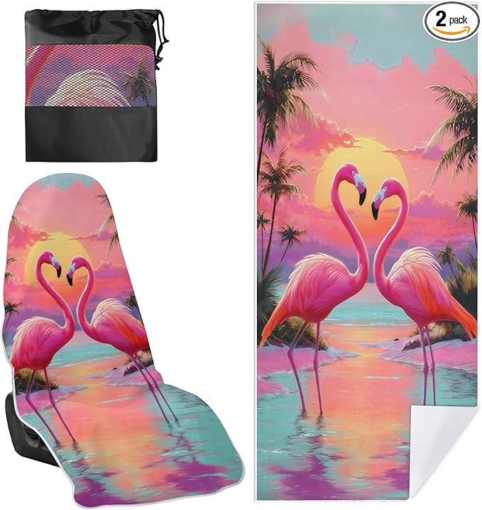 2 Pack Car Towel Seat Covers with Storage Bag, Multifunctional Towel for Gym Outdoor Sport, Picnic, Beach, Pet Dog Travel,Non-Slip Washable Car Seat Protector (Flamingo)
