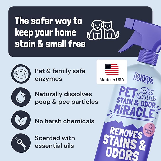Sunny & Honey Pet Stain and Odor Remover - Enzyme Cleaner for Dog Urine and Poop on Carpets and Furniture - Strong Pet Carpet Cleaner Spray (32fl oz Lavender)