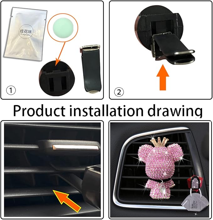 Bling Cute Diamond Bear Air Vent Clips Car Accessories,Shiny Crystal Bear Car Air Freshener Vent Clip,Rhinestone Car Decor Glitter Car Interior Interior Decoration，Holiday Gift for Boys Girls Friends Family (Silver 1 x Bear， 2 x Cute bling Hook)