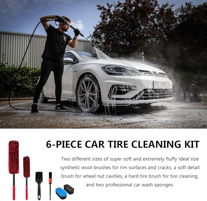 6PCS Car Wheel Cleaning Pro Kit, Soft Wheel Cleaner Tire Brush Detailing Brush with Applicator Pads, Scratch-Free Rim Brushes Tire Scrubber Dressing Pads for Vehicle Cleaning