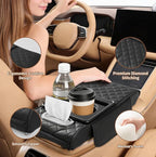 5-in-1 Car Armrest Cushion, Multifunctional PVC Leather Center Console Armrest Pillow Elbow, Universal Arm Box Pad Cover with Cup Holder, Phone Slot, Tissue Box Slot & 2 Storage Bags, Black