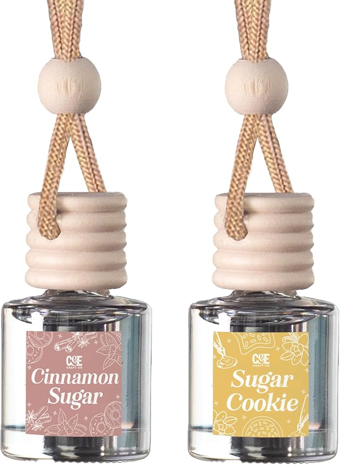 C&E Craft Co Hanging Car Air Freshener Diffuser 2 Pack, Long Lasting Fragrance Oil Car Freshener, Glass Bottle Auto Air Freshener, Made in USA (Cinnamon Sugar + Sugar Cookie)