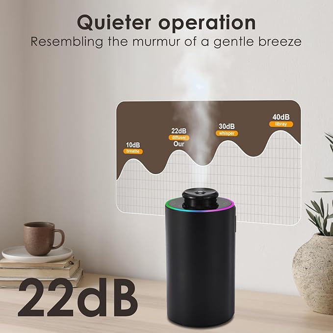 Waterless Essential Oil Diffuser with 8 Color LED Night Light, 3 Mist Levels & Timers, Portable Rechargeable Aromatherapy Diffuser for Home Car Room Studio Office, Black Metal (Black)