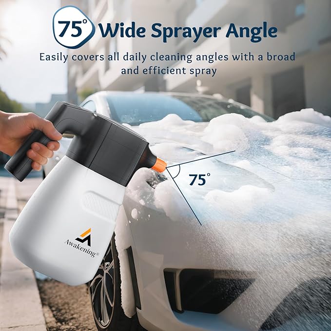 Awakening 2L Electric Foam Sprayer, Waterless Car Wash Kit, 68oz Cordless Rechargeable Battery Foam Blaster, 52PSI Portable Electric Foam Cannon for Auto Car Detailing (White)