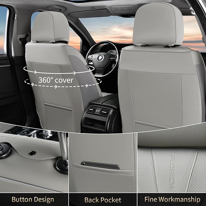 FLORICH Car Seat Covers Full Set Leather Seat Cover for Cars Full Coverage Seat Cover Waterproof Universal Seat Cover for Cars Seats Protector Cushion Universal Fit for Most Cars SUV Trucks, Gray