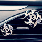 2 Pcs Camellia Air Vent Clips, Cute Flower Car Air Freshener Clip, Bling SUV Outlet Decorations, Crystal Rose Vent Diffuser, Charm Car Inter Decor Accessories for Women Girls