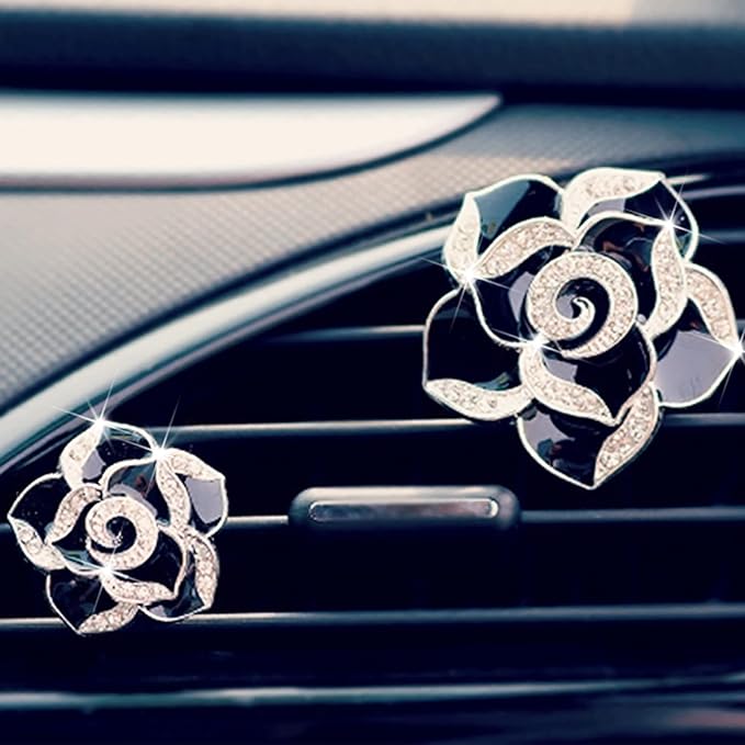 2 Pcs Camellia Air Vent Clips, Cute Flower Car Air Freshener Clip, Bling SUV Outlet Decorations, Crystal Rose Vent Diffuser, Charm Car Inter Decor Accessories for Women Girls
