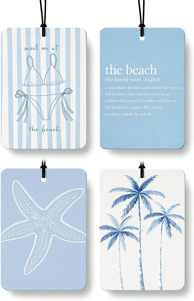 Blue Summer Beach Air Freshener 4 Pcs, Trendy Preppy Bikini Starfish Coconut Tree Ocean Hanging Air Freshener for Cars Closet Drawer Books, Girly Beachy Car Accessories Mirror Decor for Women