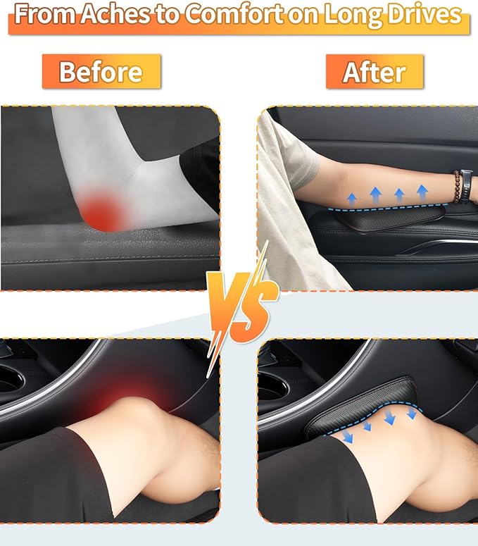 2PCS Car Knee Cushion Pad, Door Armrest Pad with Memory Foam for Knee Leg Elbow, Leather Knife-Shaped Car Armrest Cushion with Full Coverage Velcro, Automotive Interior Accessories(Black)