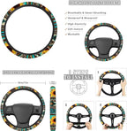 FKELYI Aztec Sunflower Car Seat Covers Full Set - Headrest, Steering Wheel Protector, Handbrake & Gear Shifter Covers, Cup Coasters