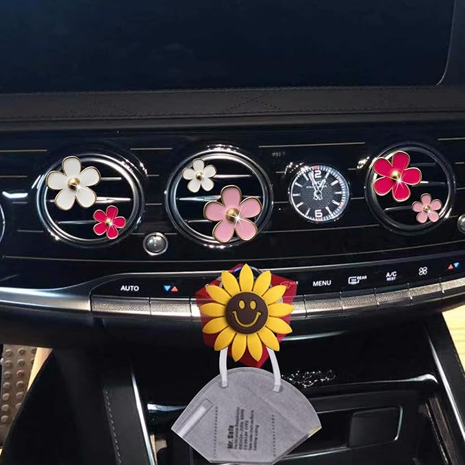 Daisy Air Vent Clips - 6 Pcs Cute Flower Car Diffusers + Mask Hook (Mixed Color)