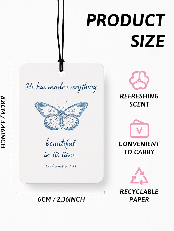 Blue Christian Car Air Freshener 4 Pcs, Preppy Blue Butterfly Tulip Religious Bible Verse Hanging Air Freshener for Closet Drawer Books, Girly Christian Car Accessories Mirror Decor for Women