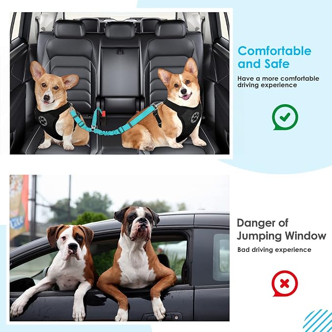 SlowTon Dog Seat Belt, Double Dog Seatbelt Adjustable Vehicle Safety Leash with Elastic Bungee Buffer, Reflective No Tangle Y Shape Two Dog Harness Seat Belt Splitter for Pets Car Trip (Mint Blue, M)
