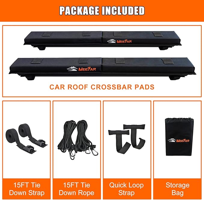 Universal Car Soft Roof Rack Pads Luggage Carrier System for Kayak Surfboard SUP Canoe Include 2 Heavy Duty Tie Down Straps, 2 Tie Down Rope, 2 Quick Loop Strap (Use with Cross Bar)