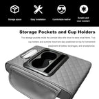 Car Center Console Armrest Pillow, Multifunctional Armrest Box Cover with Cup Phone Tissue Holder & Side Pockets, Waterproof Leather Middle Console Cushion for Most Vehicles (Gray, Embroidered)