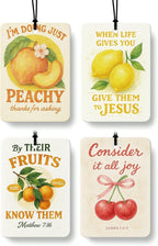 Trendy Peach Lemon Orange Cherry Christian Car Air Freshener 4 Pcs, Cute Fruits Religious Hanging Air Freshener for Cars Closet Drawer Books, Girly Car Accessories Mirror Decor for Women
