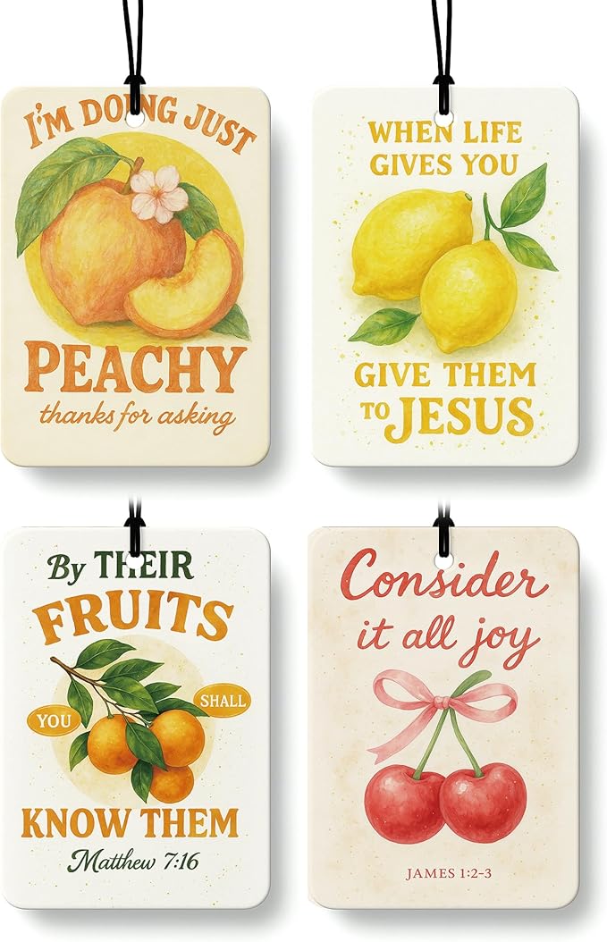 Trendy Peach Lemon Orange Cherry Christian Car Air Freshener 4 Pcs, Cute Fruits Religious Hanging Air Freshener for Cars Closet Drawer Books, Girly Car Accessories Mirror Decor for Women