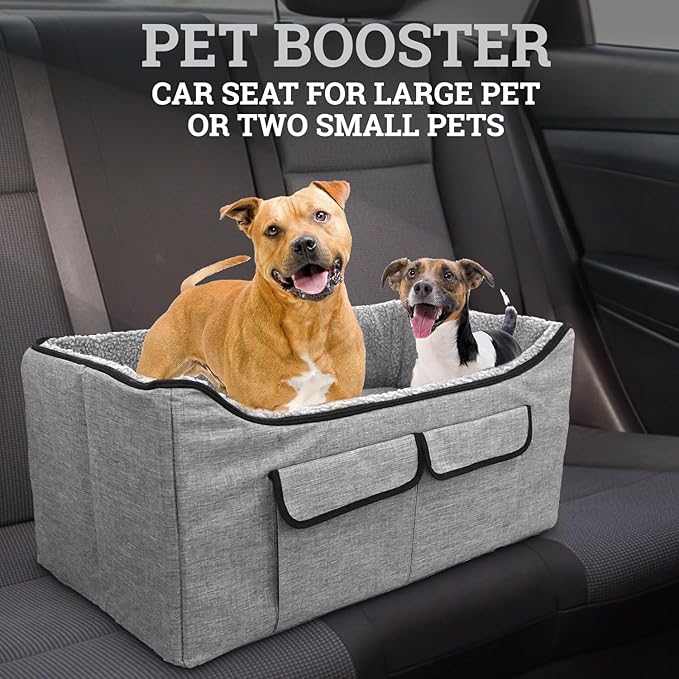 Pet Booster Car Seat for Large Pet or Two Small Pets with 2 Safe Secure Leash Seat Belts and Elevated View Easy Fold Up for Compact Storage