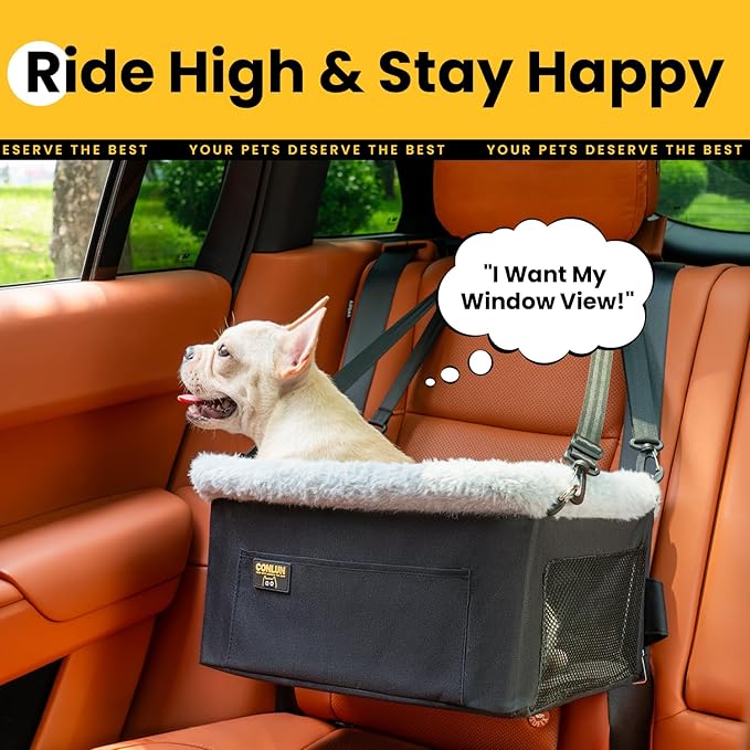 Dog Car Seat Booster for Small Pet Under 20lbs, Portable Travel Puppy Car Seat with Internal Steel Frame, Comfort Cushion & Storage Pockets, Adjustable Straps Fit Most Cars, Black
