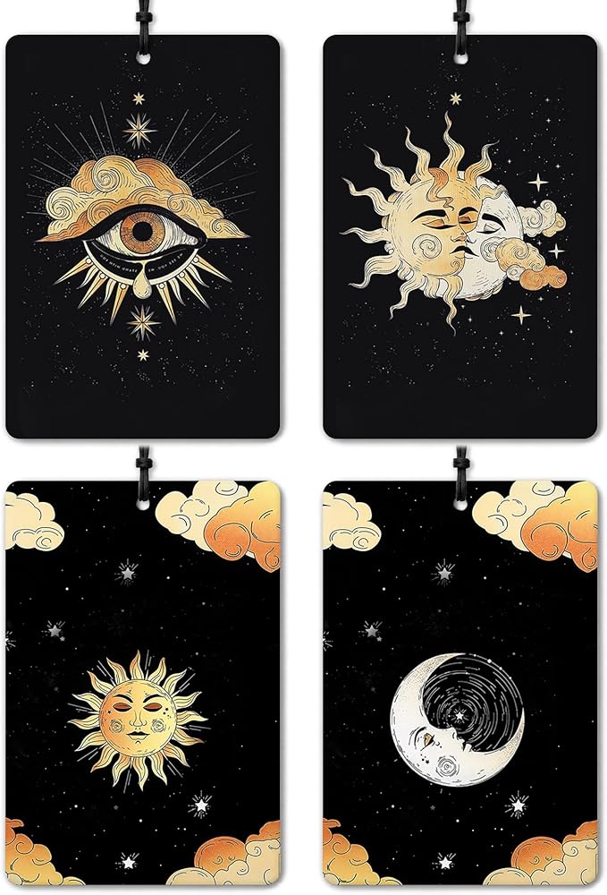 Witchy Starry Night Celestial Car Air Freshener 4 Pcs, Mystical Abstract Sun and Moon Astrology Air Freshener Hanging for Cars Books Closet Drawer, Gothic Car Accessories for Women Men