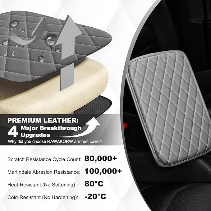 Upgraded Car Center Console Cover Fit for Land Cruiser Faux Leather Car Armrest Cover Cushion with 2 Storage Bags,Car Armrest Storage Box Interior Accessories(Grey&Whiteline)