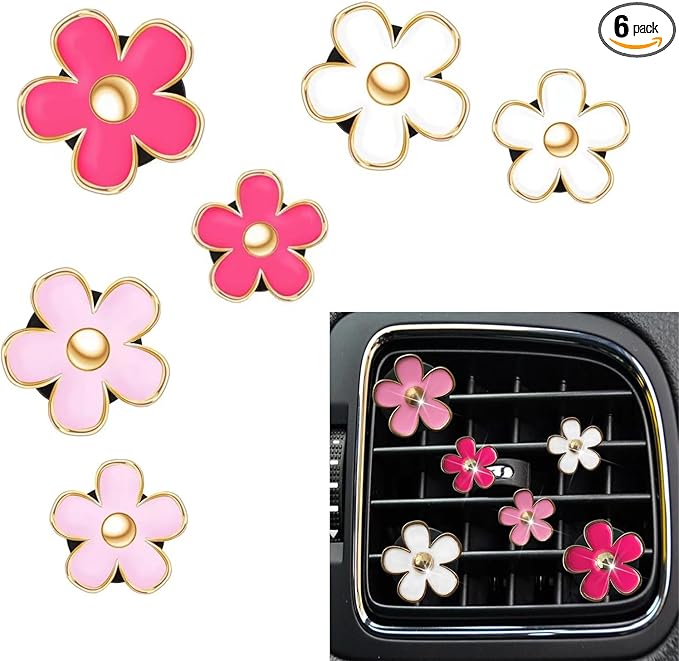 6PCS Daisy Flower Air Vent Clip, Cute Car Air Fresheners Clips, Refillable Auto Air Conditioning Outlet Clips Diffuser, Air Vents Decorations for Women and Girl (Rose Red, White, Pink)