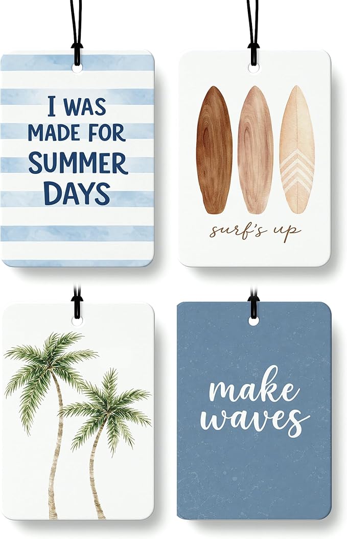 Summer Beach Car Air Freshener 4 Pcs, Coastal Preppy Surfboard Coconut Tree Ocean Hanging Air Freshener for Closet Drawer Books, Cute Beachy Car Accessories Mirror Decor for Women