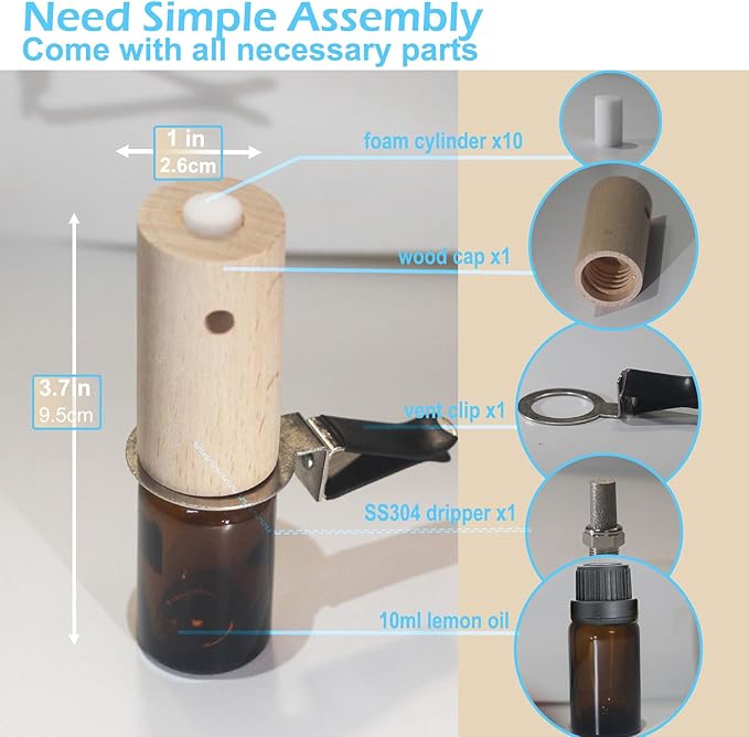 Refillable Car Essential Oil Diffuser with Lemon Oil (10ml), 30 Days’ Vent Clip Air Freshener Commuter Aromatherapy Non-toxic Strong Natural Fragrance Odor-fighting Fresh Scent for Women Men (2 Sets)