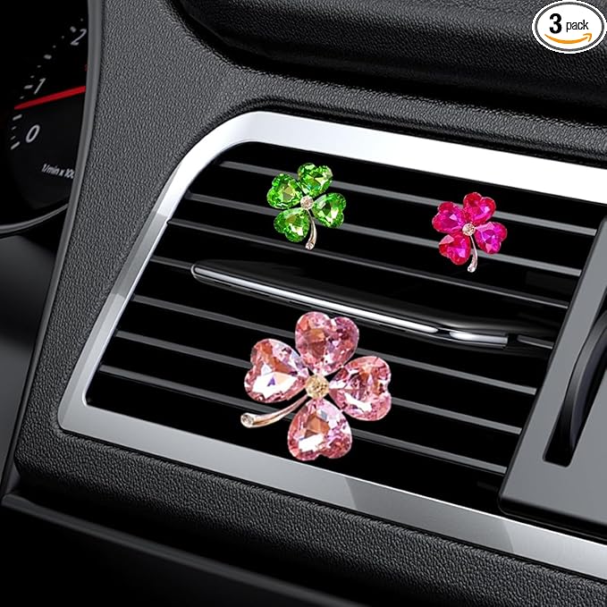 3PCS Bling Four Leaf Clover Car Dashboard Air Vent Trim Clips, Crystal Rhinestone Auto Air Fresheners Outlet Clips, Cute Car Interior AC Decoration Accessories for Women (Big Pink/Small Rose & Green)