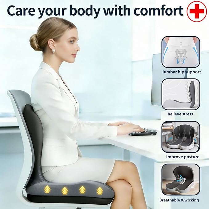 Onever Ergonomic Memory Foam Seat Cushion, Lumbar Support Non Slip for Truck Driver Long Driving Office Chair Back Tailbone Pain Relief Grey