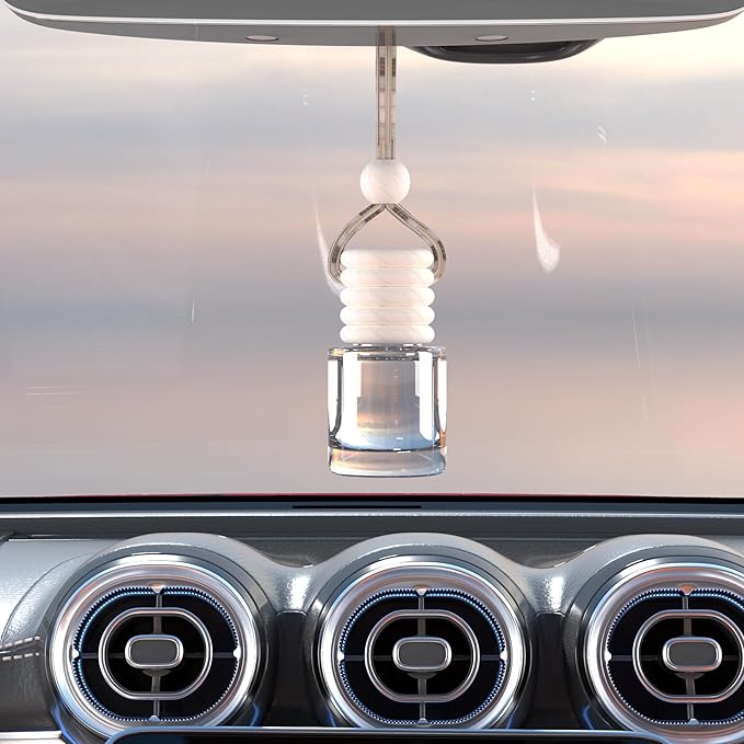 5PCS Hanging Car Air Freshener, Auto Interior Decoration 8 ml Oil Diffuser Perfume Aromatherapy Pendant Empty Glass Bottle, Fragrance Ornament with Vent Clip Wooden Cap and Rope (Cylindricity)