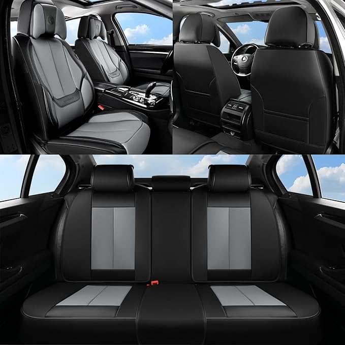 Coverado Seat Covers, Car Seat Covers Front Seats, Car Seat Cover, Car Seat Protector Waterproof, Seat Cushion Nappa Leather with Head Pillow, Carseat Cover Universal Fit for Most Cars (Black&Gray)