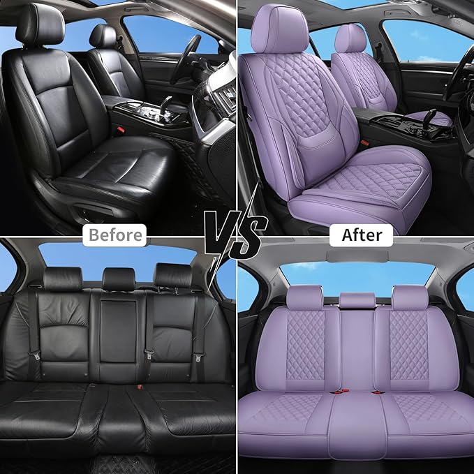 Car Seat Covers Full Set Purple, Luxury Faux Leather Waterproof Non-Slip Women Seat Protector Universal Fit for Most Cars SUVs Trucks Pick-ups,Car Interior Accessories(Purple-Full Set)