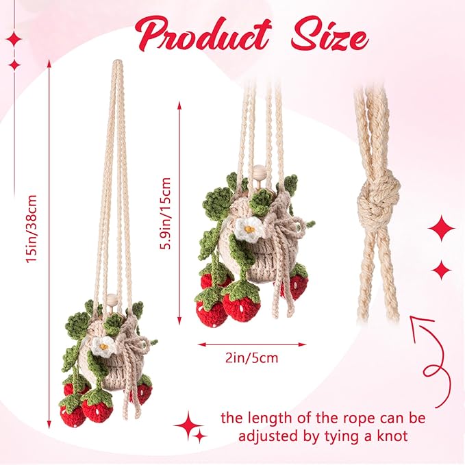 Cute Crochet Plant Car Freshener 12ml Empty Refillable Diffuser Bottle with Plants Hanging Accessories for Rearview Mirror Home Office Decor Women Mother's Day Gifts(Strawberry)