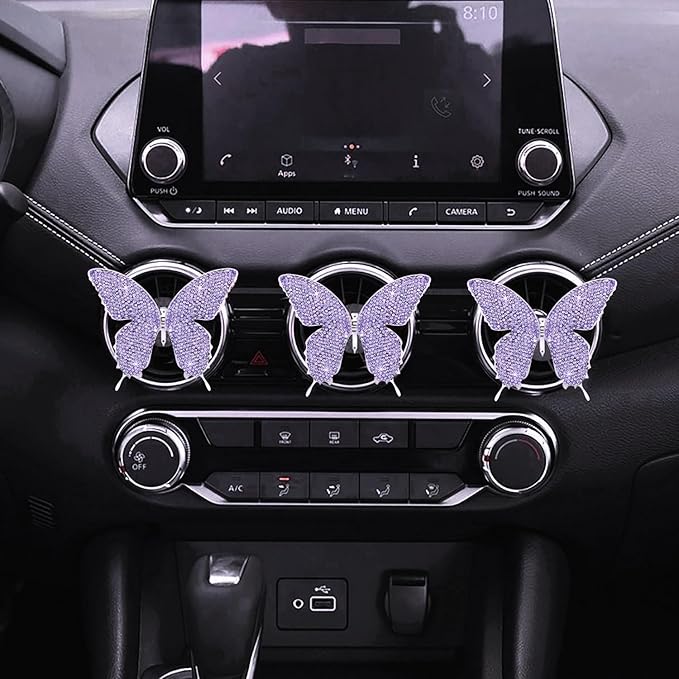 Dotesy 2 Pack Bling Bling Butterfly Air Vent Clips Crystal Butterfly Car Air Fresheners Vent Clips Diamond Cute Car Interior Decor for Women (Purple)